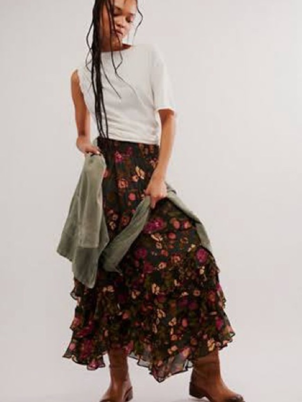 Free People Black Floral High-Low Ruffle Maxi Skirt with Pink & Green Accents - Picture 9 of 10